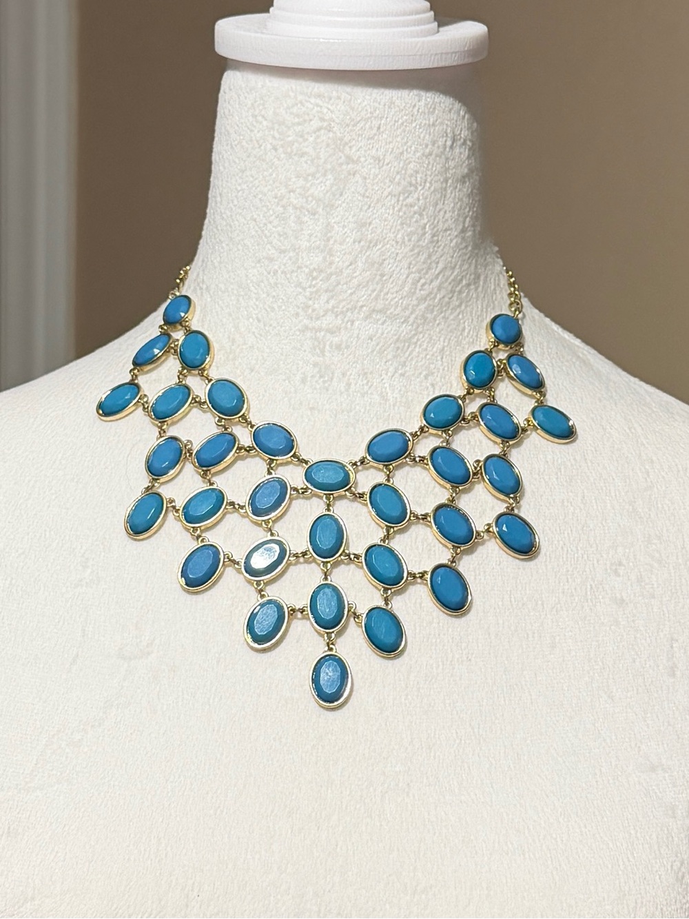 Bold Teal Bib Statement Necklace Gold Tone Layered Boho
